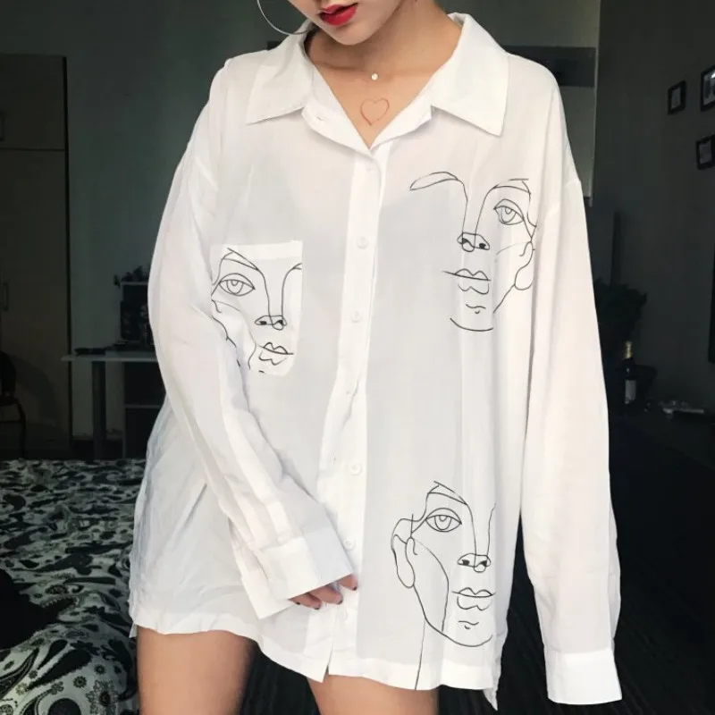 

Women's Tops and Blouses Cotton White Shirt Line Face Print Retro Shirts with Long Sleeve White Blouse blusas mujer de moda 2018