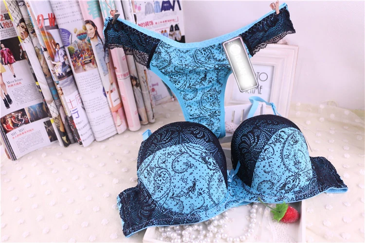 

TOP C D DD E F Cup big Size 70-90 Intimate Push up Bra Brand Women Lace cotton Bra Set Sexy Lingerie Blue Print bh Set B3