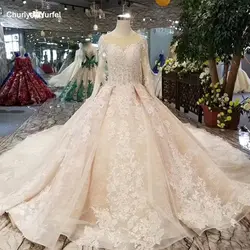 LS11231 роскошное бальное платье свадебное платье светло-шампанского с круглым вырезом и длинными рукавами на шнуровке сзади аппликации