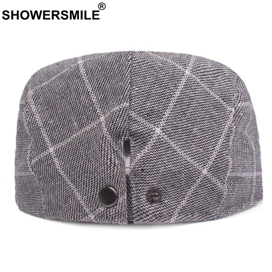 SHOWERSMILE Men's Blue Berets Plaid Adjustable Cotton Flat Cap Male Summer Autumn Classic England Breathable Duckbill Hat New mens berets for sale