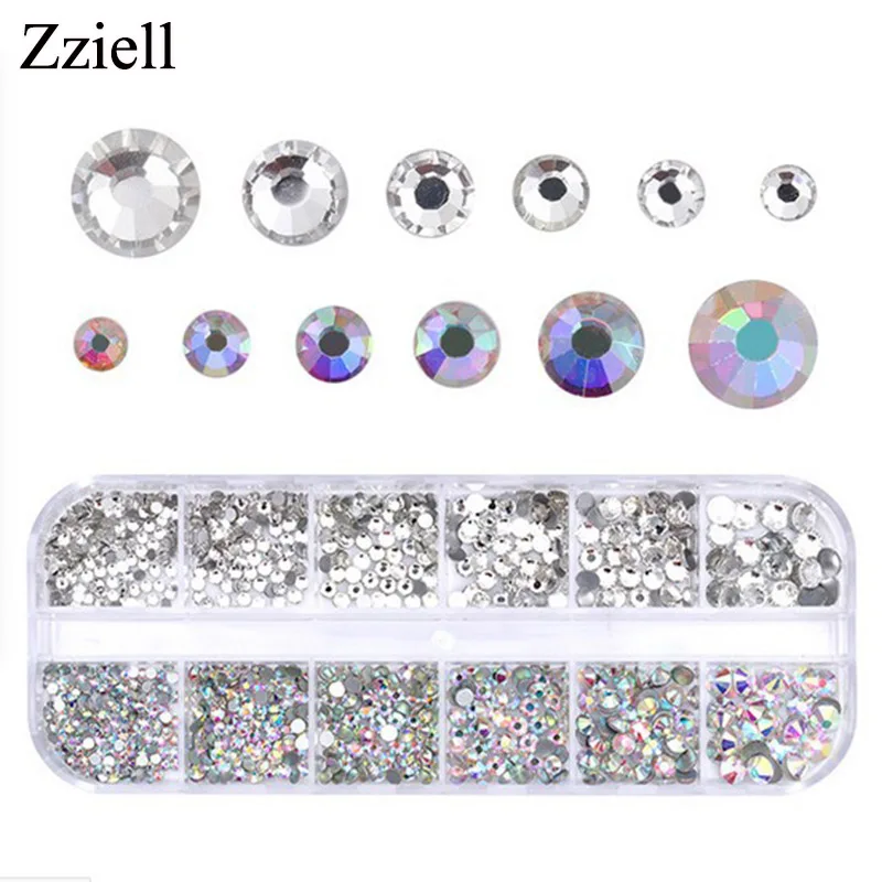 

Zziell Glitter Crystal Nail Rhinestones Set Mixed Rainbow AB White Stones Chameleon Nail Art Decorations Box Flat Back Manicure