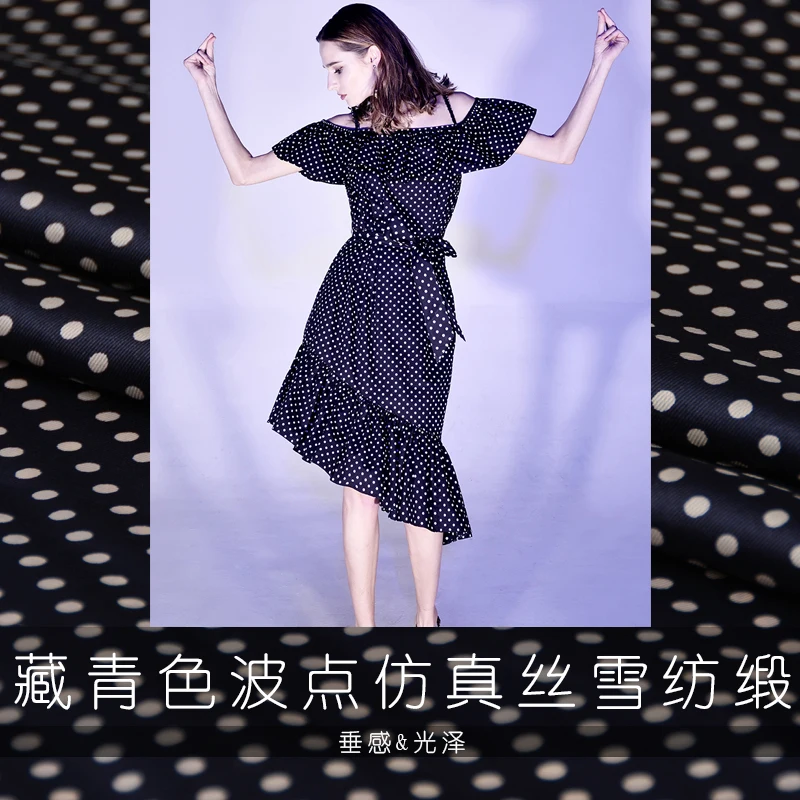 

Super-vertical silk slippery French Tibetan-blue retro wavelet point imitation silk chiffon Satin shirt long skirt fabric