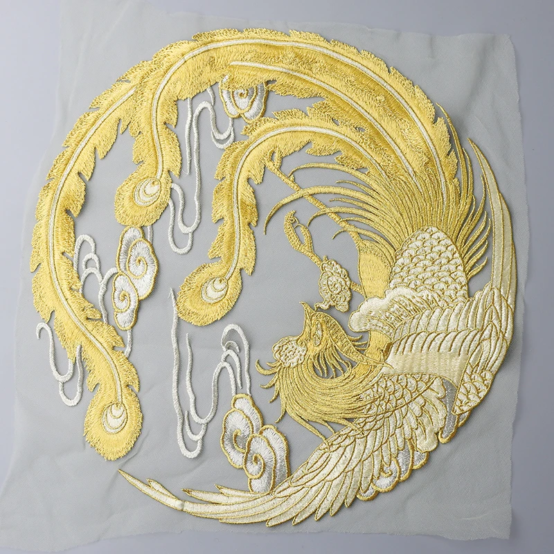 Chinese style round gold Phoenix mesh embroidery lace patches Applique for DIY dress 31cm