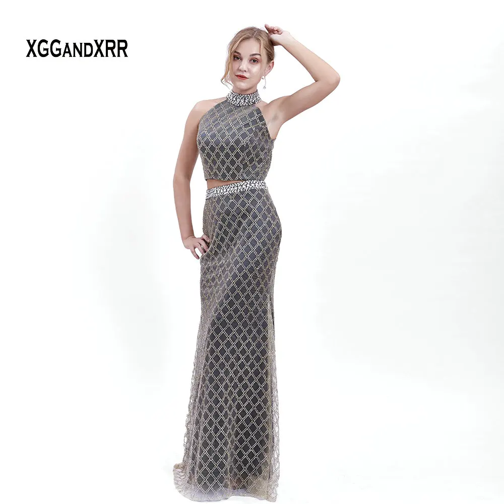 

Two Piece Prom Dress 2019 Bead Vestidos de fiesta largos elegantes de gala Mermaid Formal Evening Dress Gala jurken High Neck