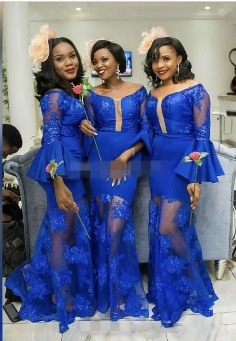 

Royal Blue See Through Maid Of Honor prom party Gowns For Wedding Trumpet Custom Made Long Sleeves Mermaid Bridesmaid Dresses