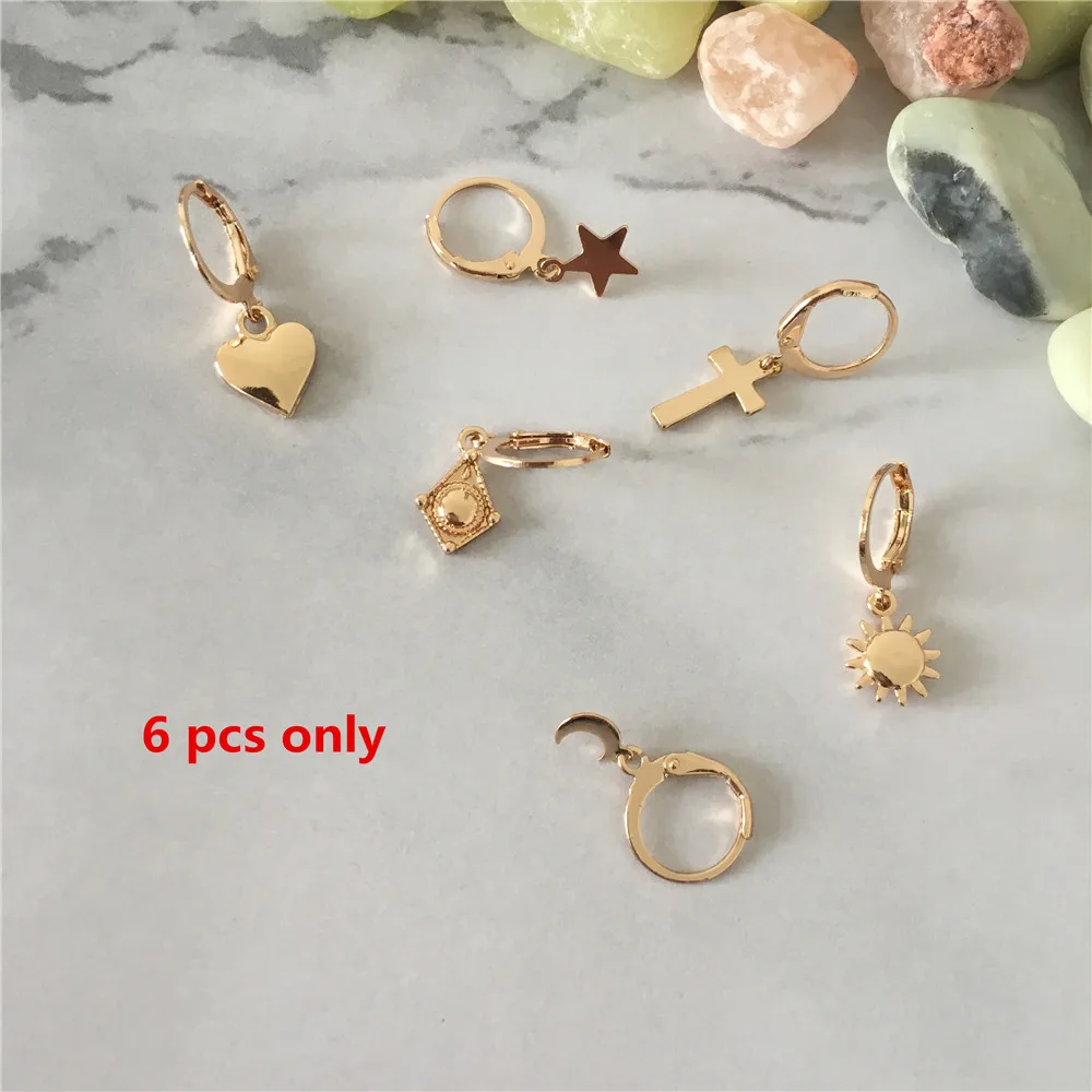 

CHIC WOMEN EARRING GOLD COLOR PLATING MOON STAR SUN HEART CROSS CHARM SMALL HOOP EARRING