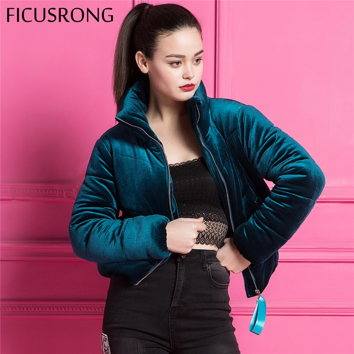 FICUSRONG Velvet cotton padded basic jacket coat Warm blue parkas jackets female 2018 new autumn winter jacket women outerwear