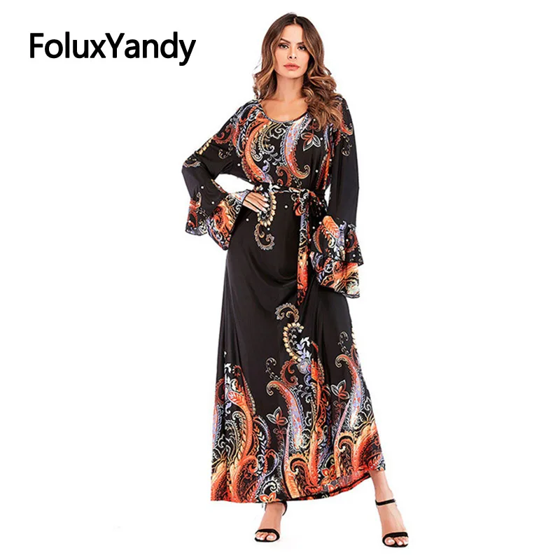 

Print Flare Sleeve Long Dress Women Plus Size 3 4 5 XL Casual O-neck Long Sleeve A-line Beach Dress Bohemian Vestidos CMC1922
