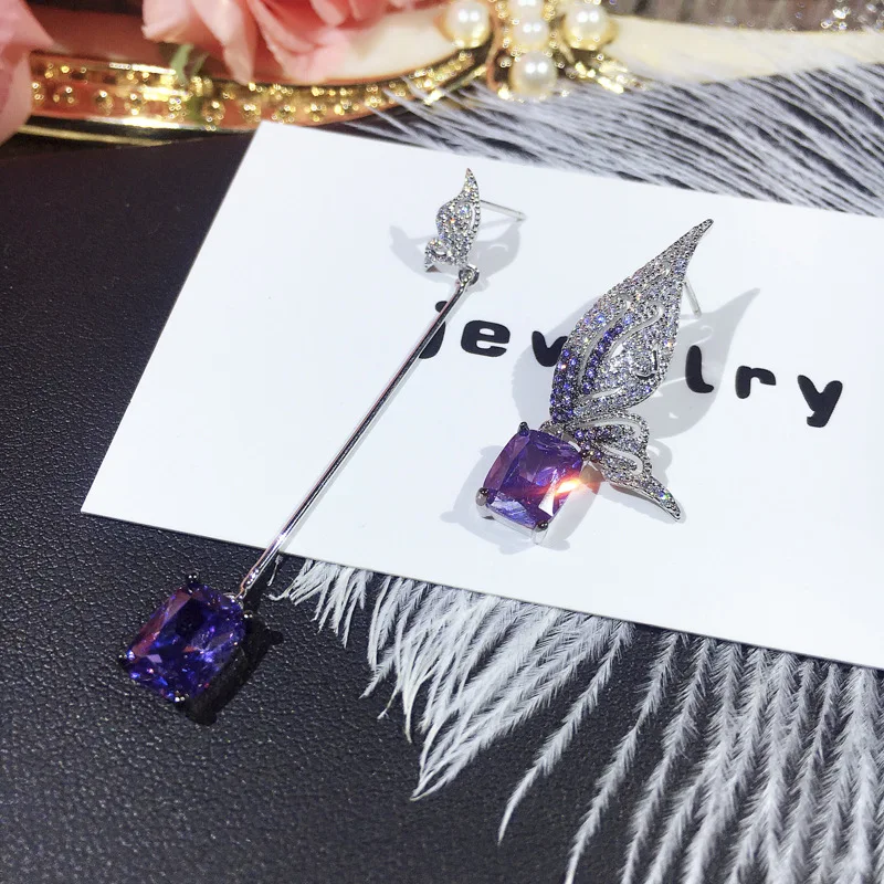 

Quality Zircon Drop Earrings Fashion Designer Asymmetric 925 Sterling Silver Women Dangle Wing Earrings All Matching Jewelry