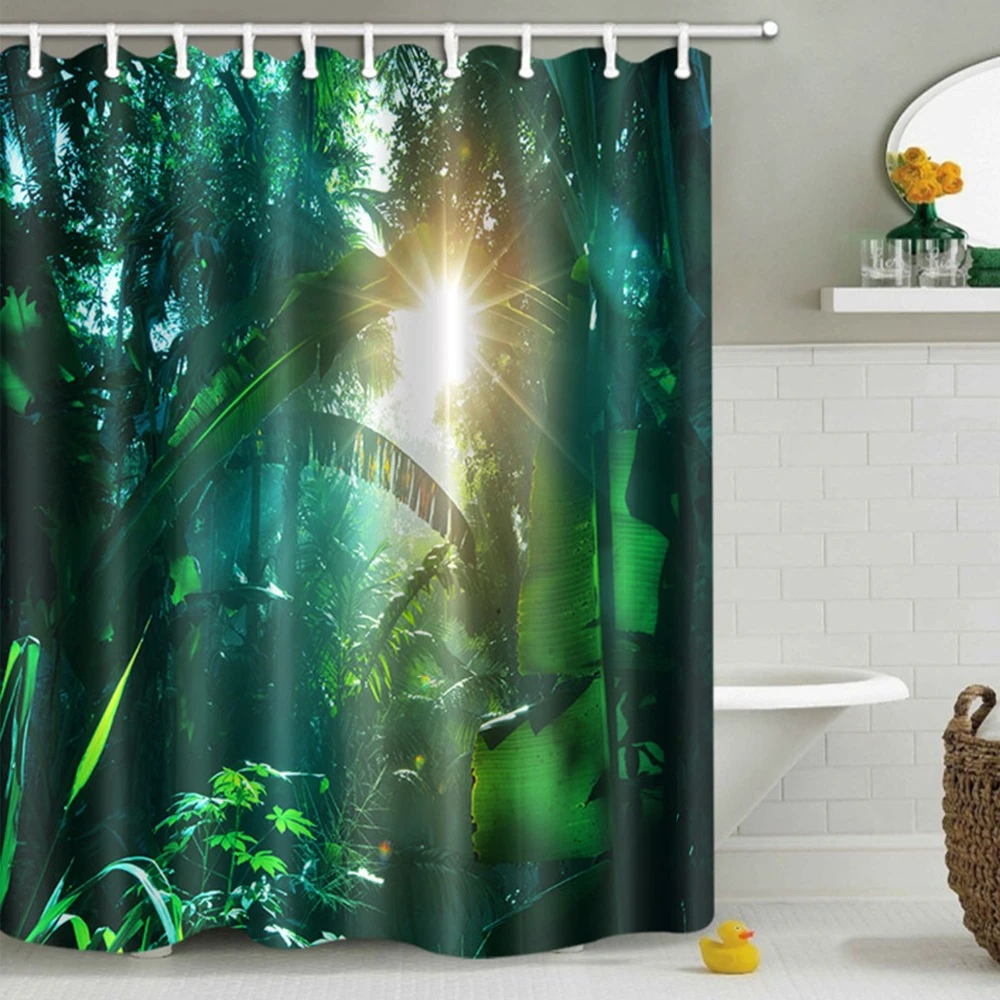 Nature Tree Sunlight Fall Forest Shower Curtain Hooks Bathroom Waterproof Fabric