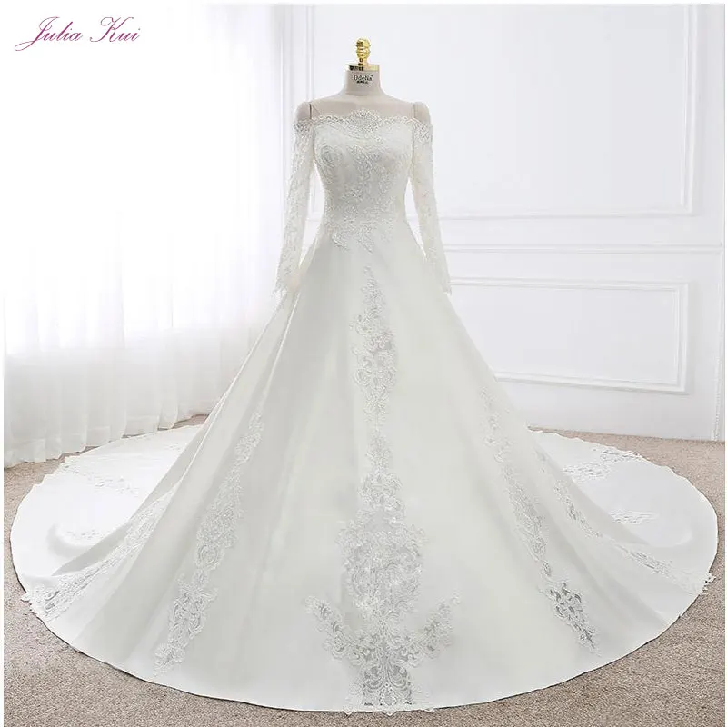 

Julia Kui Boat Neck A-line Wedding Dress Full Sleeve Off The Shoulder Lace Up Cut-Out Lustrous Satin Bride Gown Vestido De Noiva