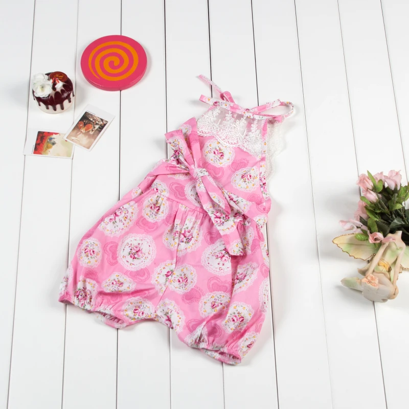 Little Girl Bubble Short Romper with Lace Detail Back Floral Romper