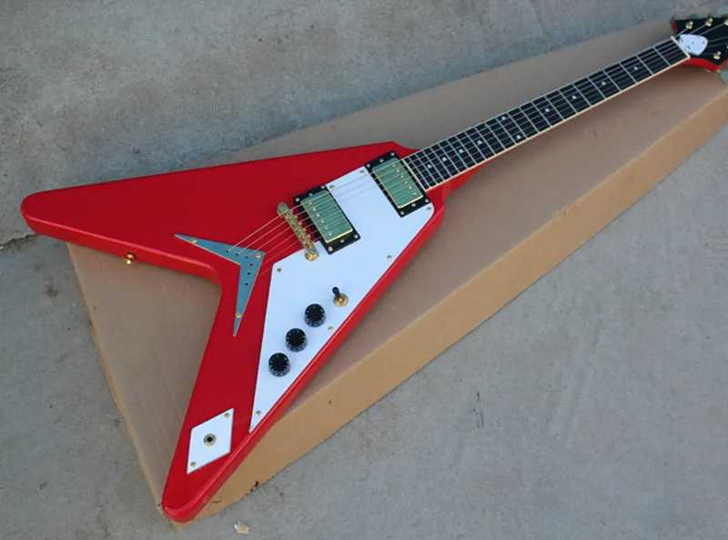 Free Shipping Red Unusual Shaped Flying V Electric Guitar with White