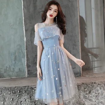 

Off Shoulder Sexy Cheongsam Embroidery Star Sequins Formal Party Dress Novelty Light Blue Patchwork Mesh Dress Qipao Vestidos