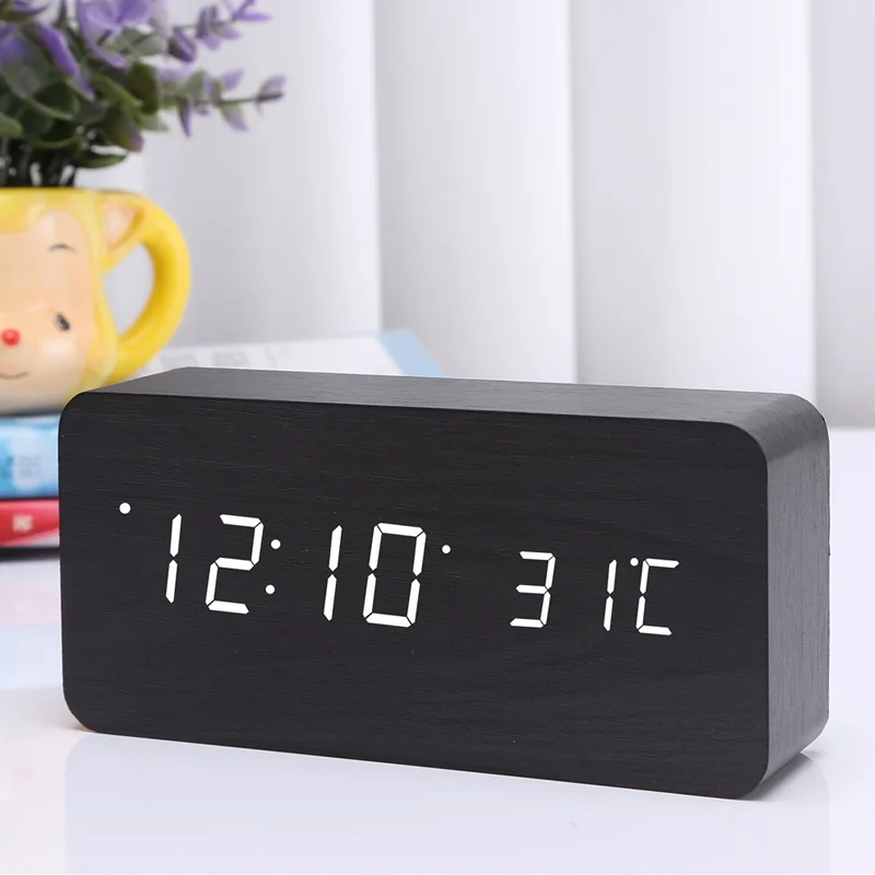 

LED Digital Alarm Clock Wooden Wireless Charging Charger Thermometer Voice Control 2018ing