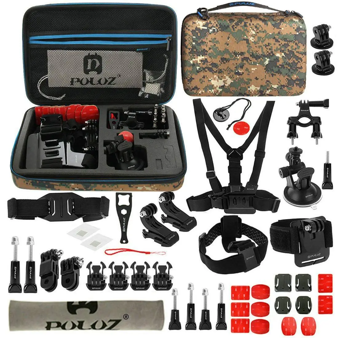 

Top Deals PULUZ 45 in 1 Accessories Kits(Chest Strap+3-Way Pivot Arms+J-Hook Buckle+Wrist Strap+Helmet Strap+Surface Mounts+Tr