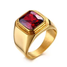 Suohuan nueva moda imitado piedra granate de la joyería masculina hombre estupendo rojo pulido de acero titanium con el oro plateado anillo de los hombres regalos