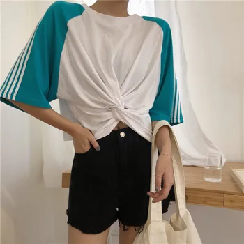 

2018 summer new women's wear design with cross knotted hem and color matching short sleeve t - shirt ladies