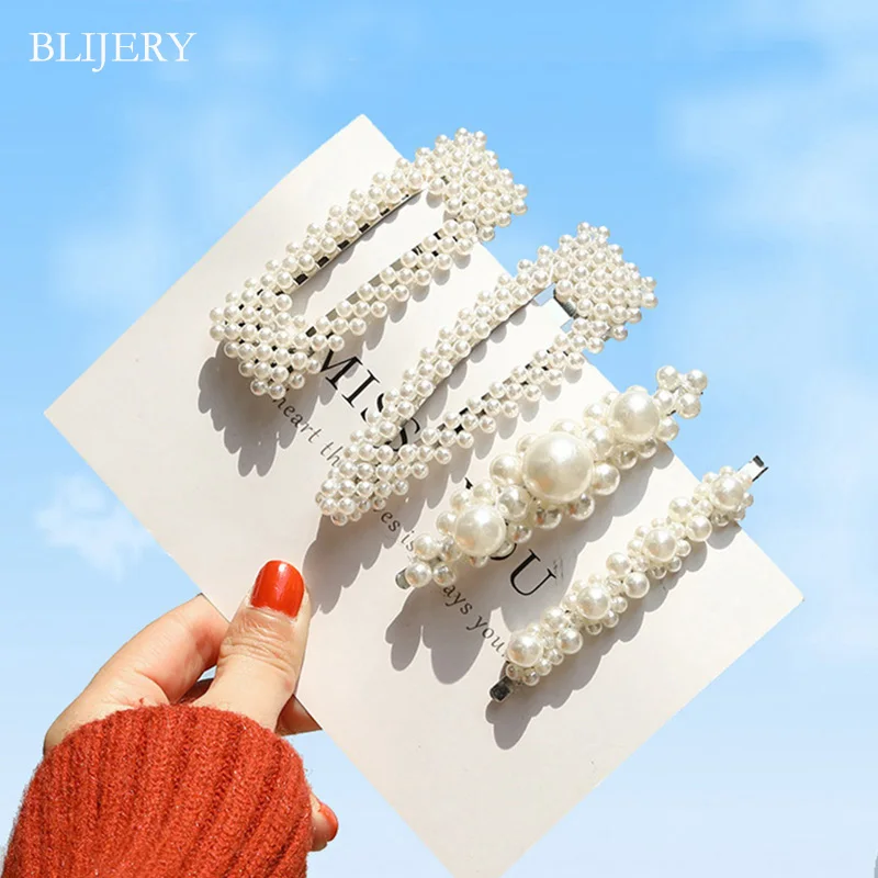 

BLIJERY 2019 Fashion Pearl Hair Clip for Women Girls Elegant Korean Design Snap Barrette Stick Hairpin Hair Styling Accessories