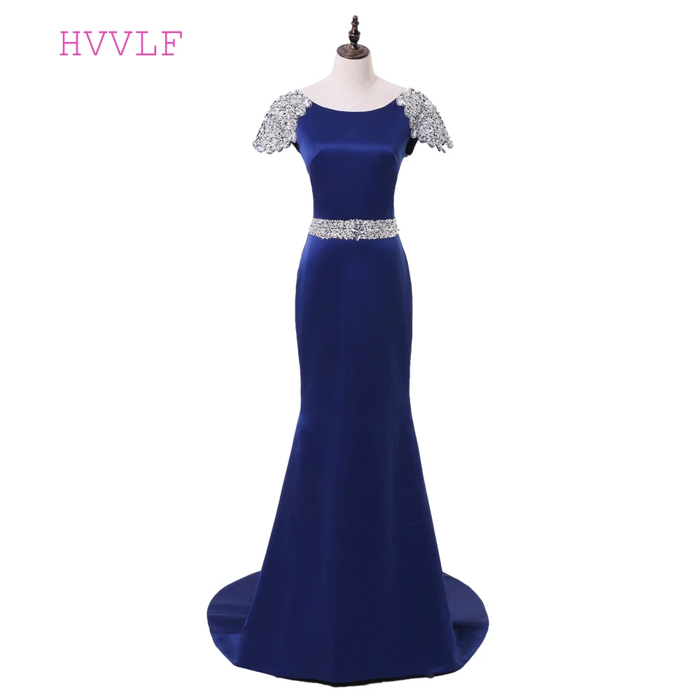 Royal Blue Evening Dresses Mermaid Cap Sleeves Crystals Backless Long Gown Prom Dress Robe De Soiree | Свадьбы и торжества