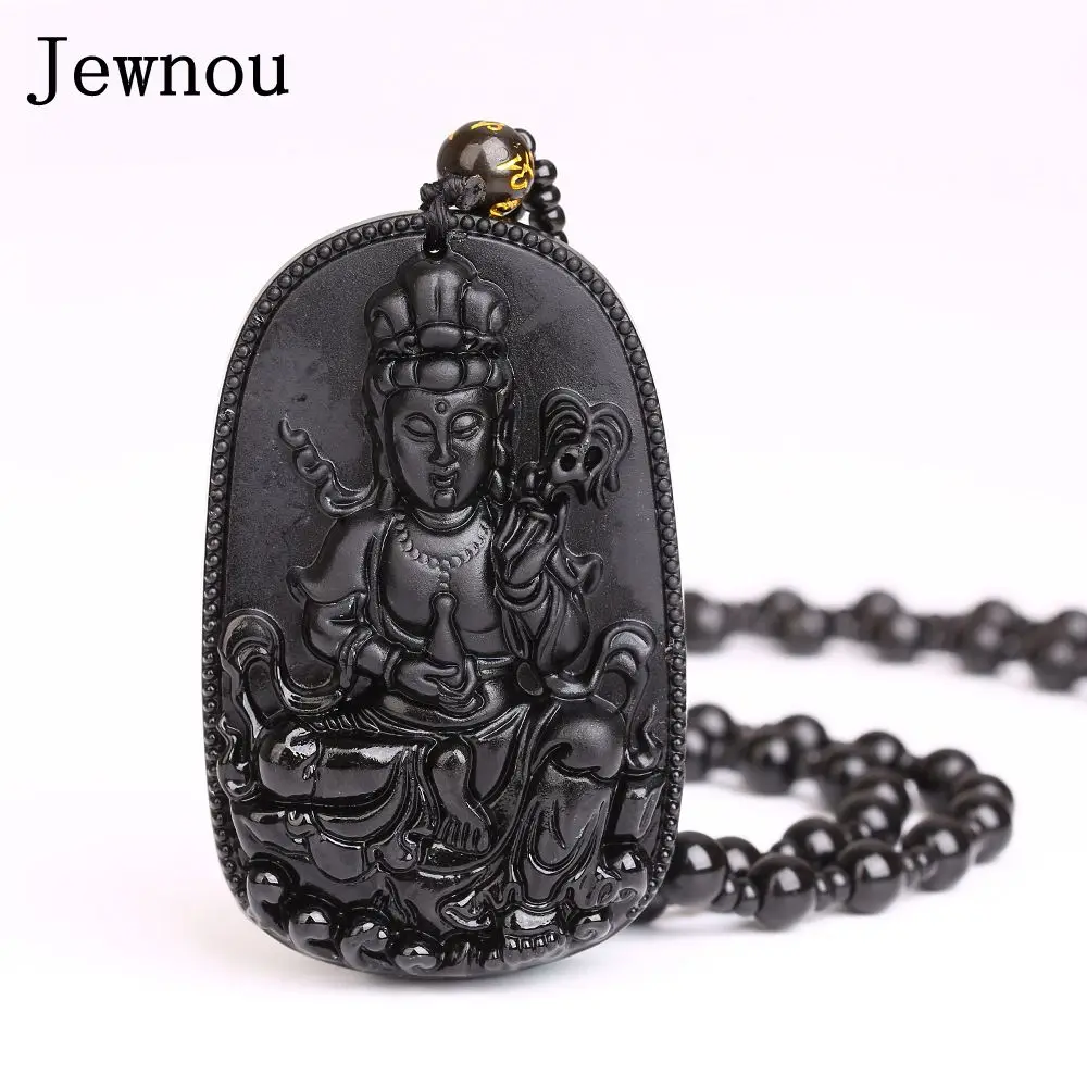 

Jewnou Natural Stone Pendant Round Maitreya Obsidian Buddha Bead Chain Necklace Crystal Lucky Men Necklace Black Jewelry Amulets