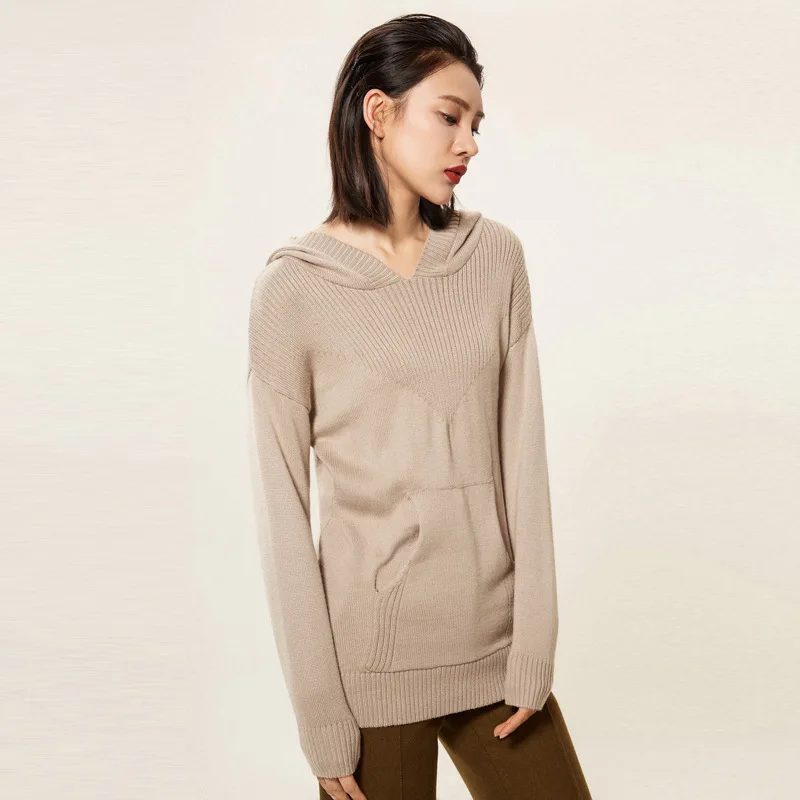 2018 new hooded knitted jumper sweater women's pure color wool coat sweater. Sweaters