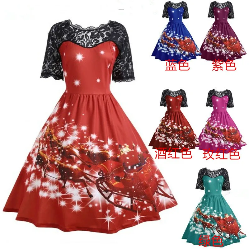 

2018 2018 cute style Christmas cartoon patchwork dresses lace vintage A-Line short ankle-length print hot o-neck dresses