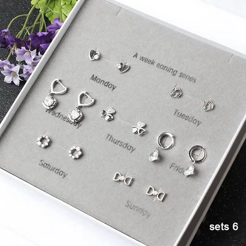 Ruifan одну неделю 7 пар/компл. маленькие серьги-гвоздики комплект ювелирных изделий с коробкой Для женщин серьги 925 пробы серебряные серьги с камнями YJS005 - Цвет камня: sets 6