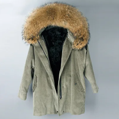 MaoMaoKong Новое Брендовое меховое пальто, пальто, зимняя куртка, Дамское вельветовое большое пальто с натуральным мехом енота, теплое пальто с подкладкой из натурального меха ягненка - Цвет: Color 3