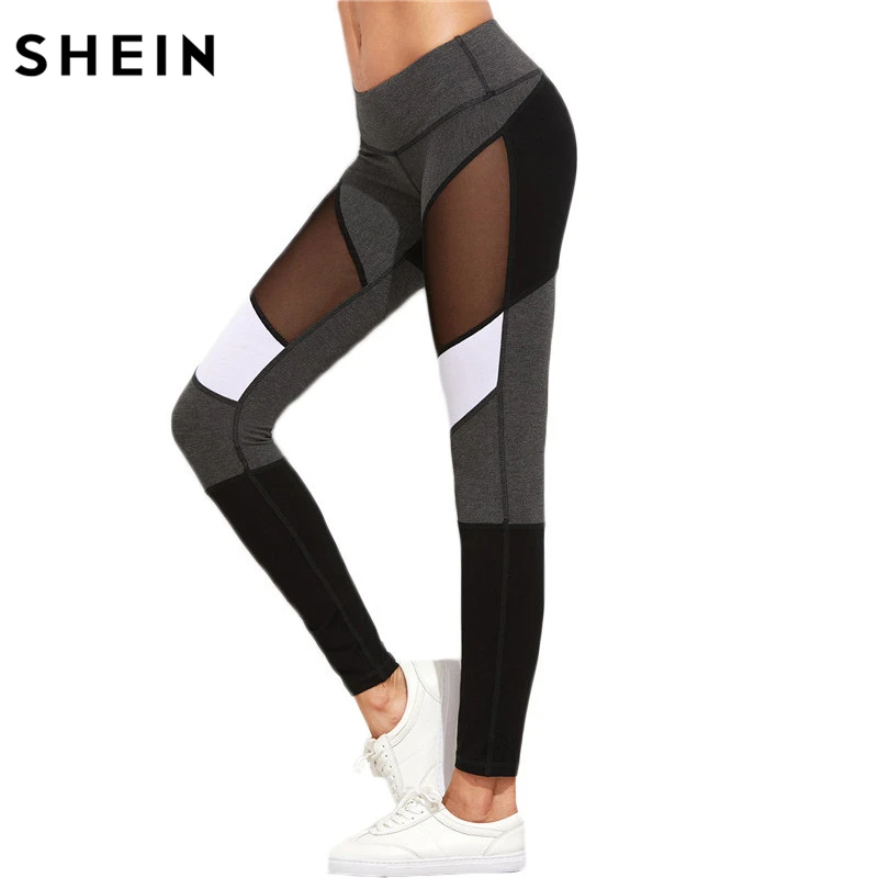 Image SheIn Casual Leggings Women Fintess Leggings Color Block Autumn Winter Workout Pants New Arrival Mesh Insert Leggings