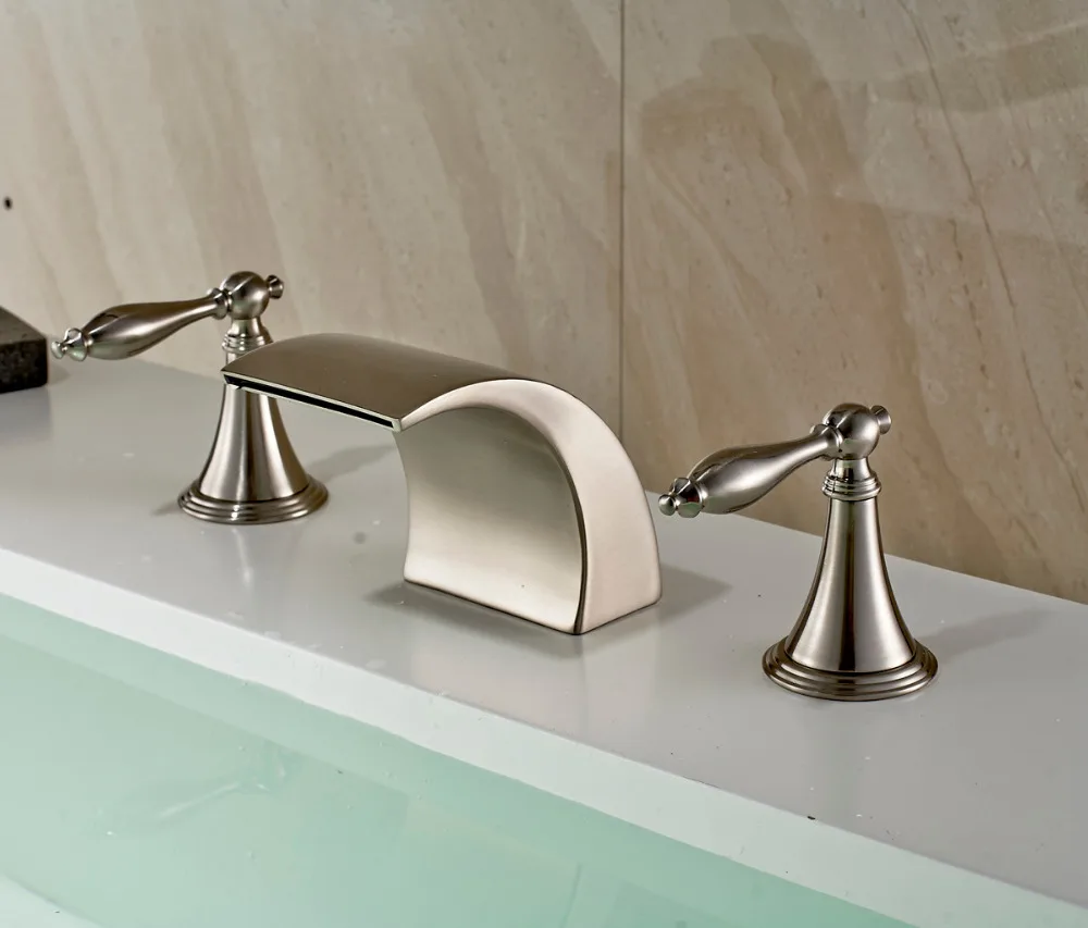 Brushed Nickel Waterfall Bathroom Sink Faucet Double Handles Basin