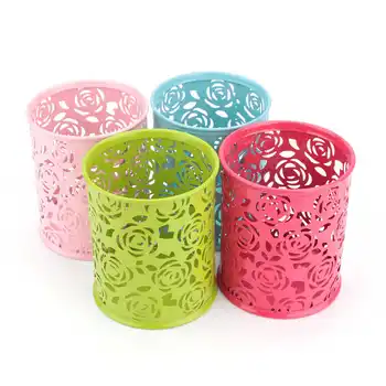 

Flower Plastic Pen Pot Containers Makeup Brush Storage Blue Pink Hollow Floral Pencil Holder Desk Pen Metal Organizer