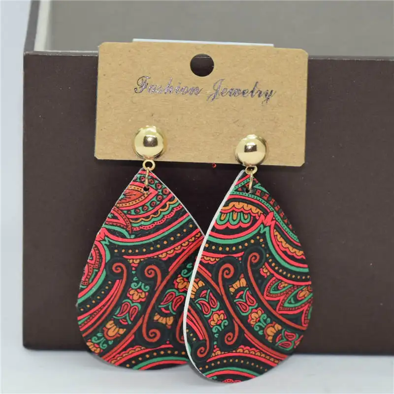 Fashion jewelry leather earrings ethnic style color drop earrings retro pu printing pendant earrings for women jewelry 2019 A801