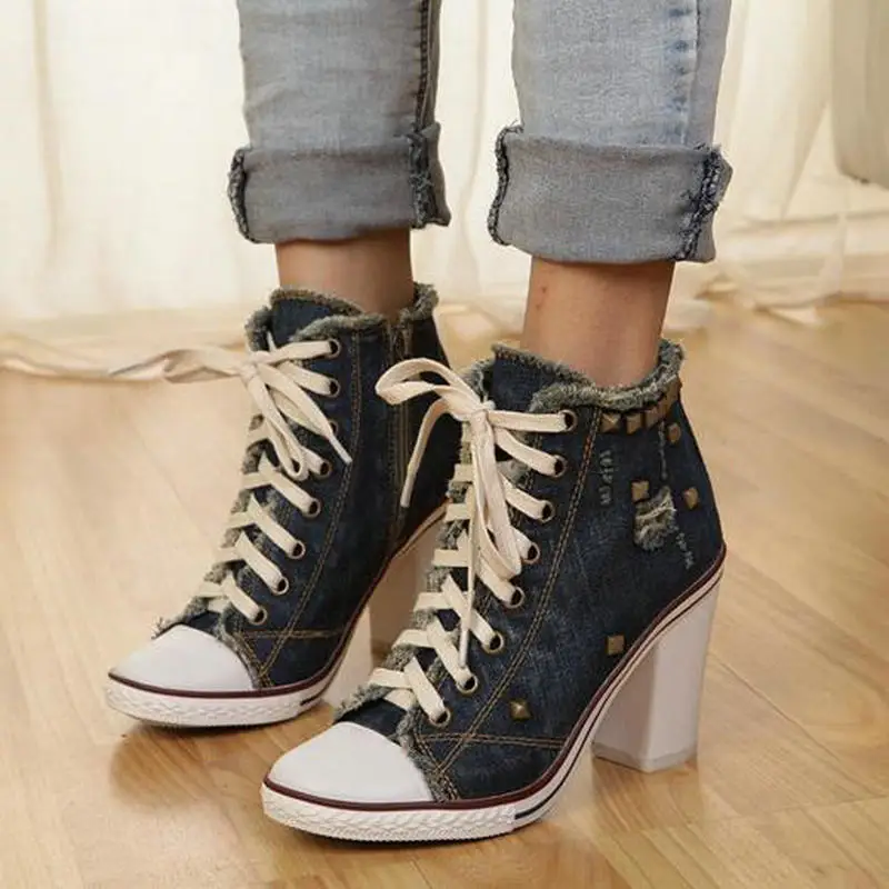 

Blue Jeans Women Lace Up High Top Ankle Shoes Rivets Casual Shoes Cool Denim Lace Platform Big 42 High Heel Single Shoe