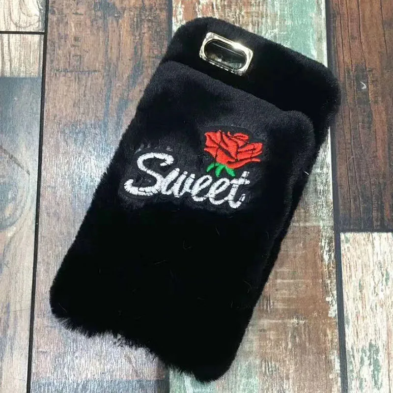 Tfshining Fur Case For iPhone X XR XS Max Lovely Winter Plush Furry Sweet Rose Silicone Phone Case Cover For iphone 6s 7 8 plus (6)