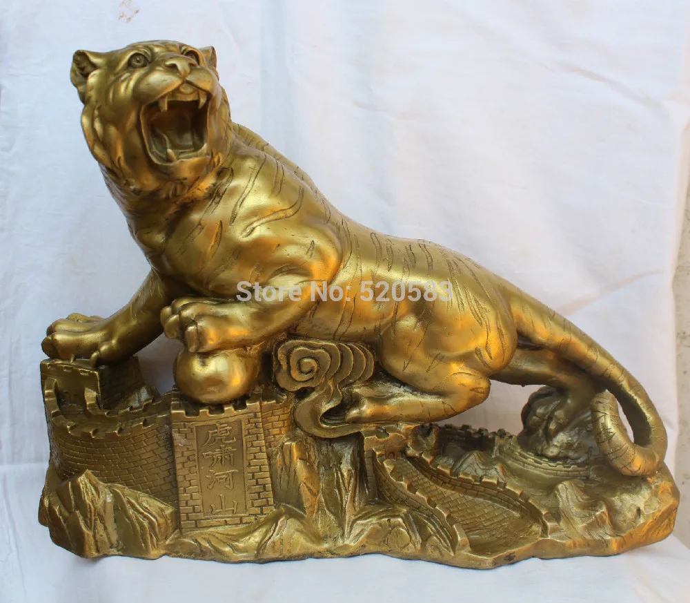 

17" China Feng shui Brass Zodiac Year Great Wall Tiger mountain Run Tiger Statue