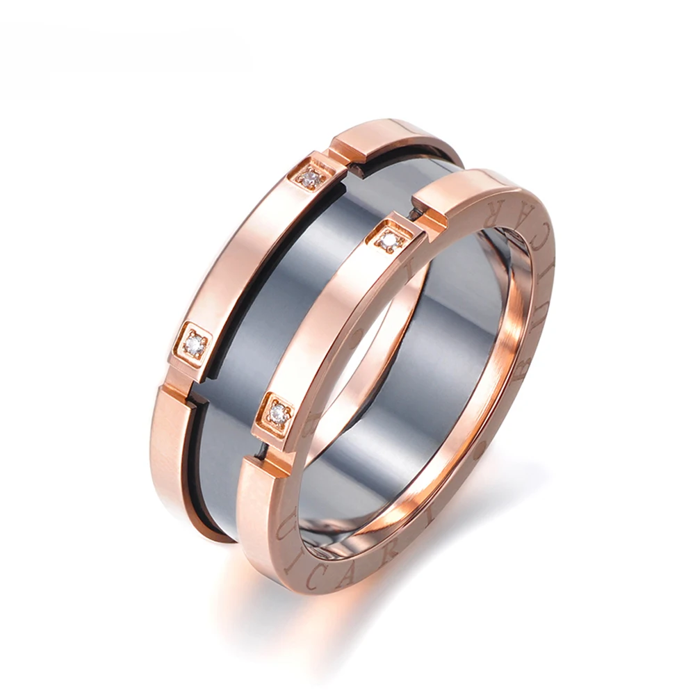 YiKLN, дизайн, керамические кольца из нержавеющей стали, ювелирные изделия из розового золота, мозаичные Стразы, роскошное обручальное кольцо для женщин YR17039 - Цвет основного камня: Rose Gold Black