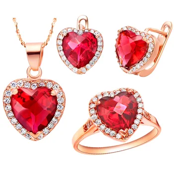 

new suit suit made red Austriaer crystal jewelry pendand earring ring set heart Water drop zircon gem Onxy stone 925 Fine