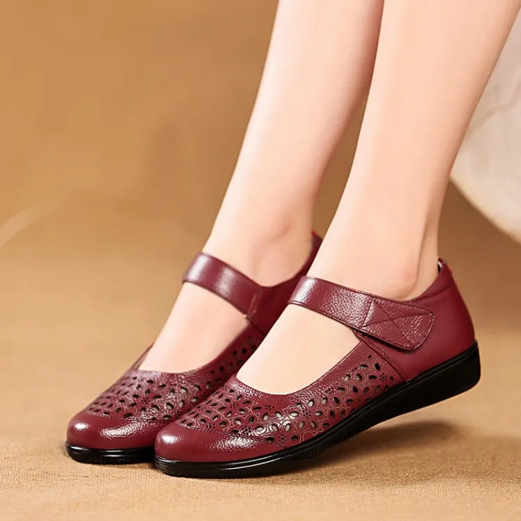 

PXELENA 2019 Spring Summer Women Flat Shoes Genuine Leather Hollow Out Round Toe Loop Ankle Strap Mother Soft Comfort Plus Size