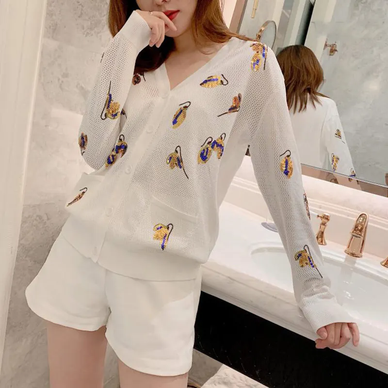 

Hollow Out Runway Cardigan Women 2019 Floral Sequins Appliques V Neck Single Breasted Long Sleeve Sweater Coat Women Knit Top