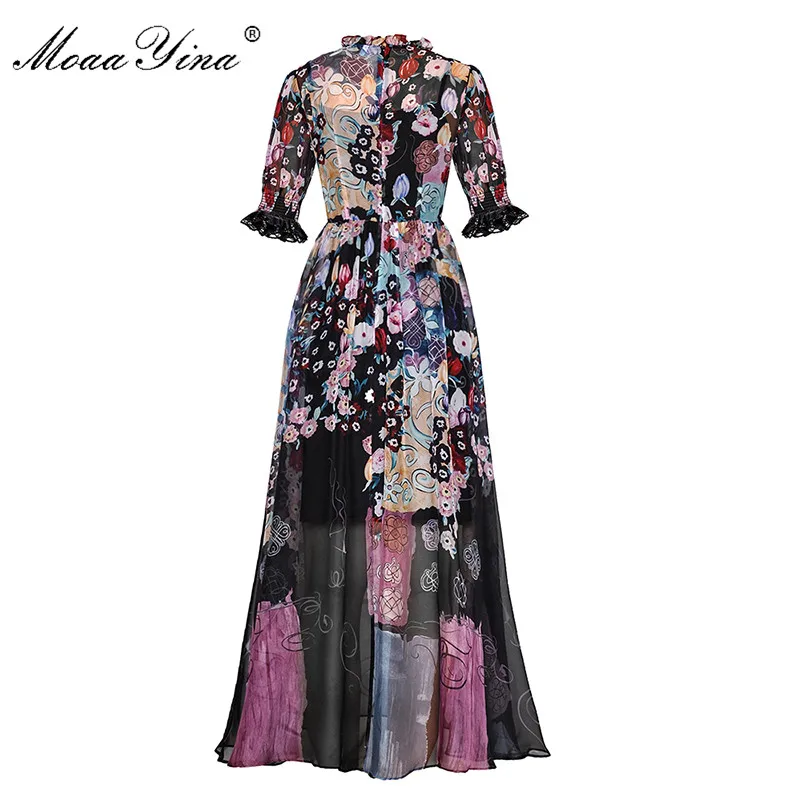MoaaYina, модное дизайнерское подиумное платье, весна-лето, женское платье, короткий рукав, кружево, цветочный принт, платья для отпуска