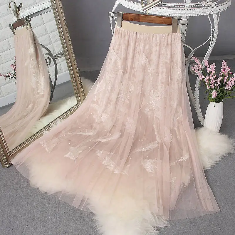 UPPIN Spring Summer Skirts Womens Beading Embroidery Leaves Elegant Sweet Girls Skirt Tulle High Waist Midi Long Skirt