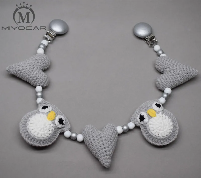 

MIYOCAR handmade wood clip lovely gray Crochet owl stroller toy chain for pram stroller mobile rattle stroller chain