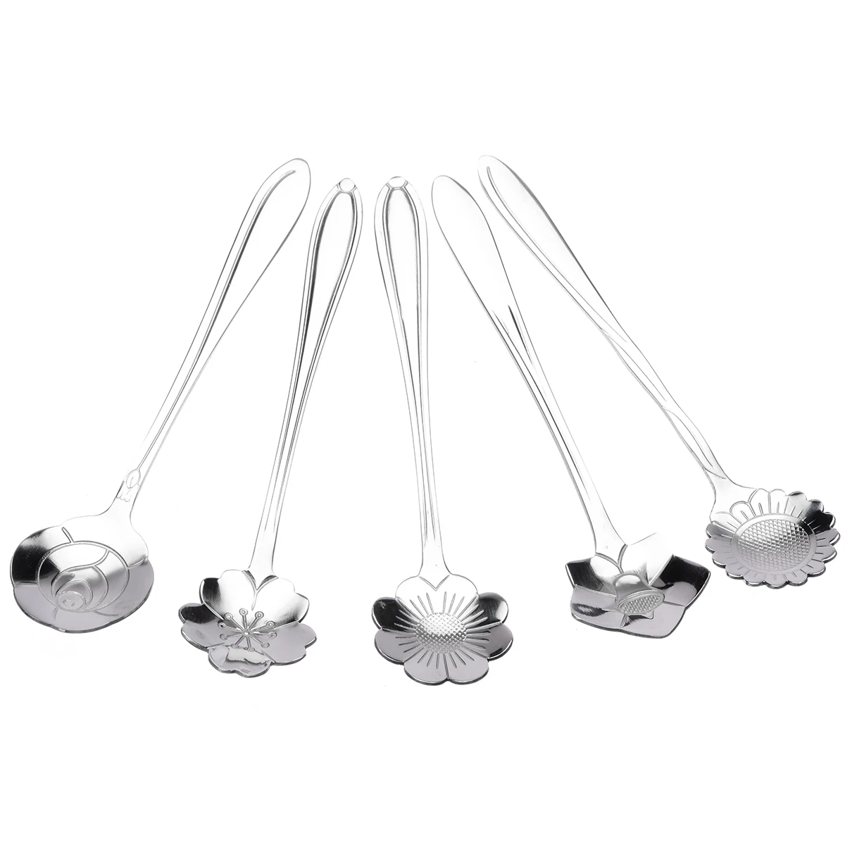 5pcs Stainless Steel Mixed Flower Shape Spoons Sugar Silver Coffee Spoon Teaspoons Ice Cream Flatware Tableware Kitchen Tool