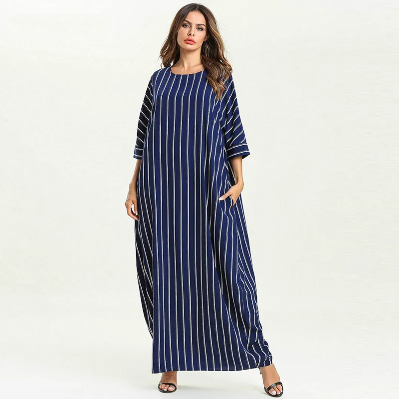 

Striped Kaftan Long Dress Summer Maxi Dresses for Women 2019 Plus Size 3/4 Sleeve Ankle-Length Big Size 4XL Elegant Casual Dress