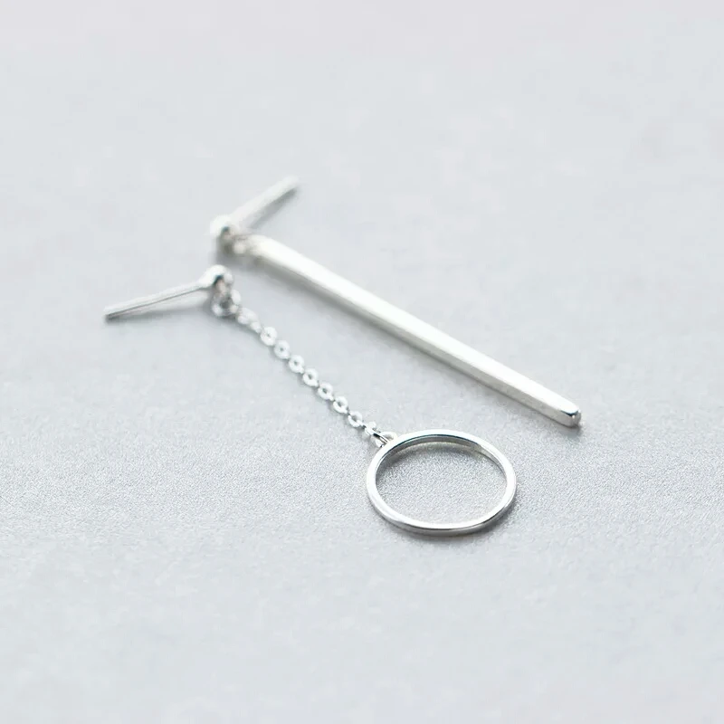 

New 925 Sterling Silver Circle Rectangular Stick Asymmetry Dangle Long Earrings Trendy Female Girl Lady Jewelry E2211