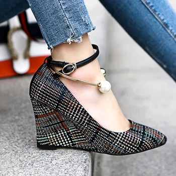 

3 Color Plus Size Women's Wedge Pumps Ankle Strap High Heel Shoes Plaid Fabric OL Style Sexy Ladies Eveing Heeled Shoes Heels