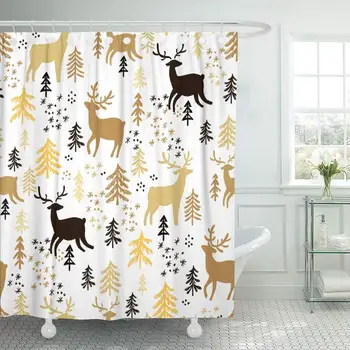 

Shower Curtain with Hooks Animal Christmas with Deers Tree and Snowflake Holiday Unique Scandinavian Drawn Hand Bathroom