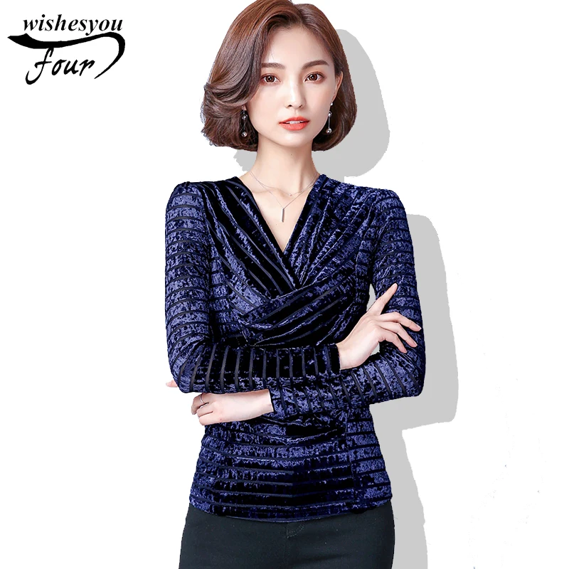 

Fashion Casual Style Autumn of 2017 Female Long Sleeved Shirt All-match Korean V Neck T-shirt Slim Velvet 937F 30