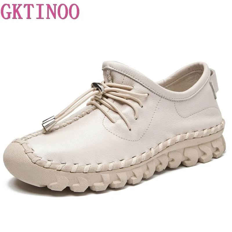 Acima de Couro Sola de Borracha Gktinoo Oxford Costura Apartamentos Mocassins Femininos Sapatos Mulher Feminina Rendas Genuíno Casuais